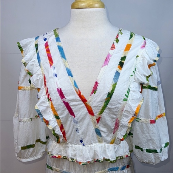 FARM Rio White Ruffled Dress with Colorful Trim, Large - Like New - Picture 2 of 13